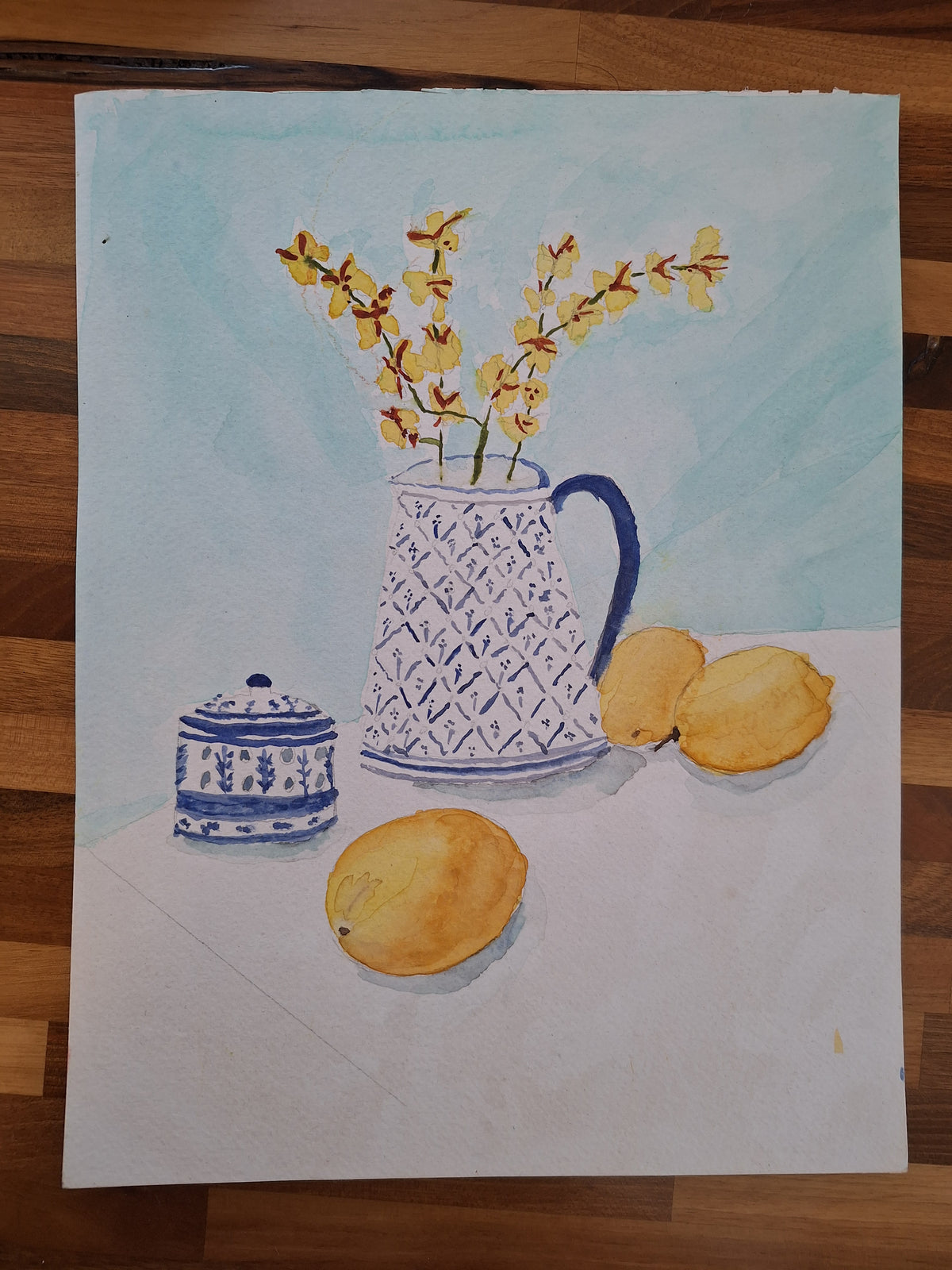 Blue Pottery and Lemons Still Life – Original Colored Pencil Sketch | The Lydia Collection